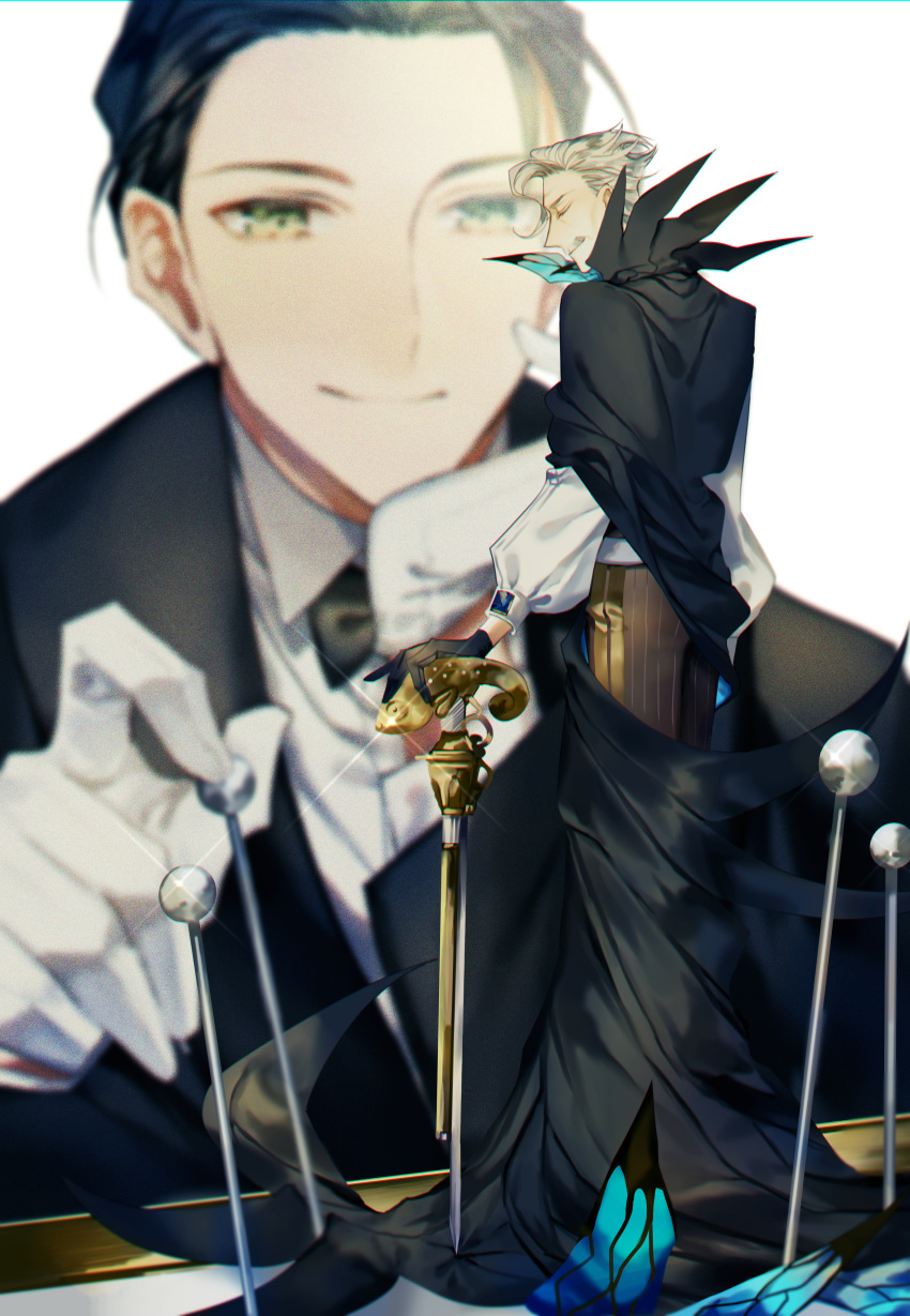 2boys absurdres albino_(a1b1n0623) bangs black_gloves black_hair bow bowtie closed_eyes cloth facial_hair fate/grand_order fate_(series) formal gloves green_eyes hair_slicked_back high_collar highres holding huge_filesize james_moriarty_(fate/grand_order) long_sleeves male_focus miniboy multiple_boys mustache parted_bangs pins sherlock_holmes_(fate/grand_order) shiny shiny_hair smile sparkle staff upper_body white_background white_gloves