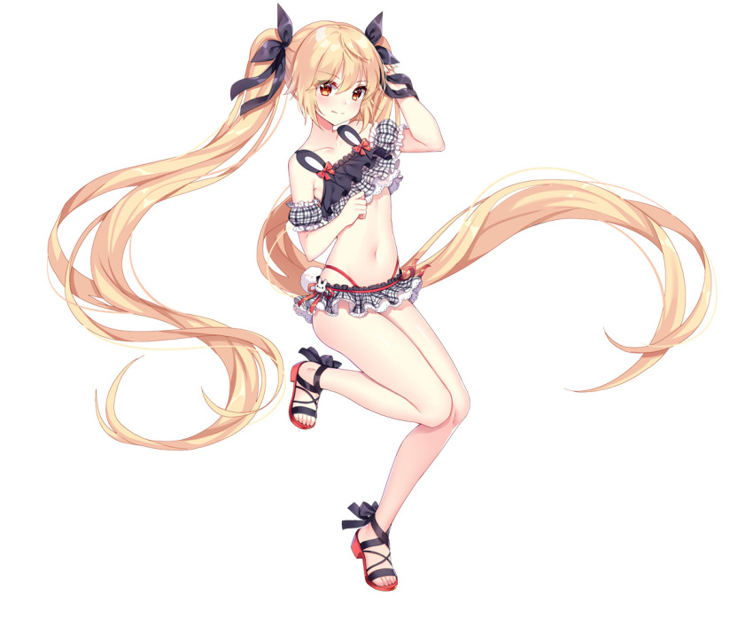 1girl absurdly_long_hair akuma_(ogino-m) arm_strap bangs bikini black_bow blonde_hair blush bow closed_mouth collarbone eyebrows_visible_through_hair floating_hair full_body hair_between_eyes hair_bow leg_up long_hair midriff navel original red_eyes shiny shiny_hair simple_background smile solo standing stomach swimsuit twintails very_long_hair white_background