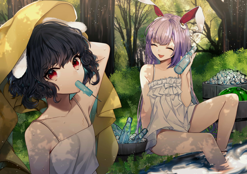 2girls absurdres animal_ears bare_arms bare_legs bare_shoulders black_hair bob_cut bottle bush closed_eyes commentary_request curly_hair daimaou_ruaeru dress eyebrows_visible_through_hair food forest fruit grass headdress highres ice ice_cube inaba_tewi long_hair looking_at_viewer multiple_girls nature open_mouth popsicle purple_hair rabbit_ears ramune red_eyes reisen_udongein_inaba short_hair smile soaking_feet stream sucking sundress sunlight touhou tree very_long_hair water watermelon wavy_hair