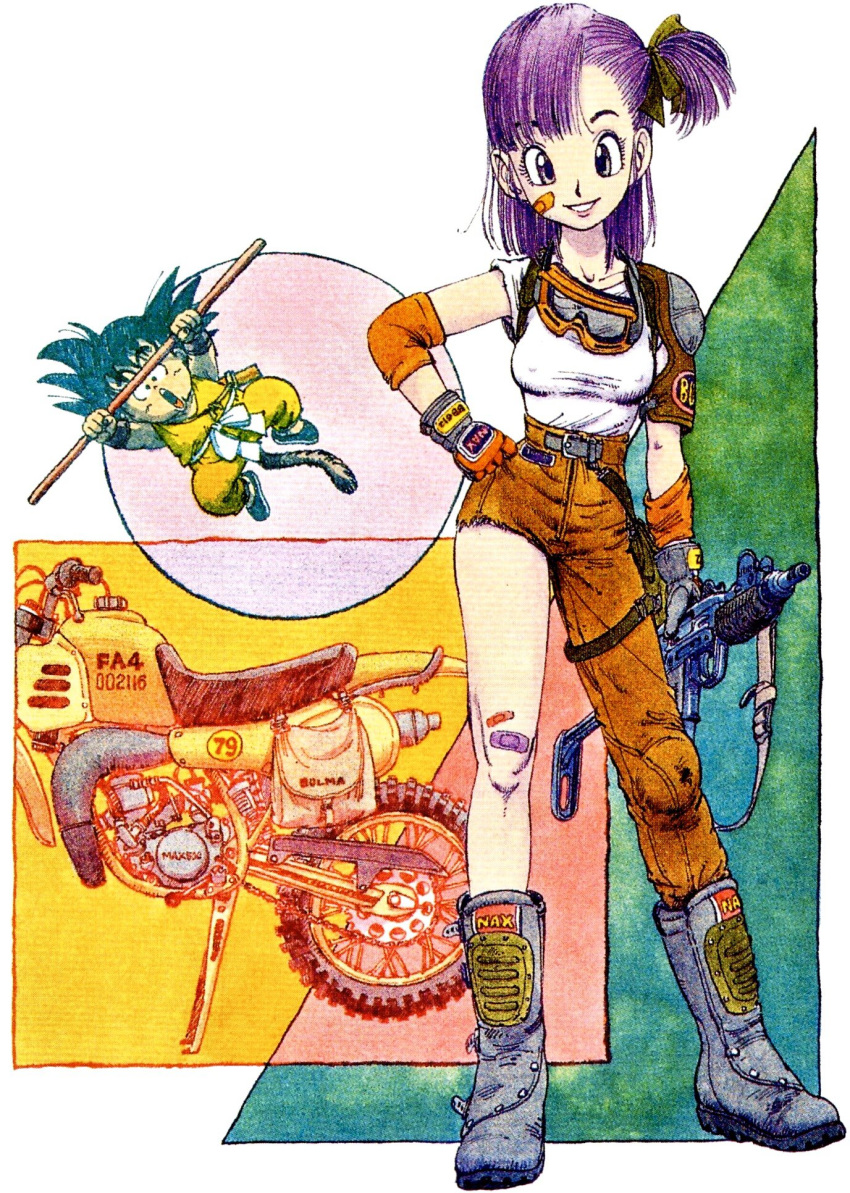 1boy 1girl :0 ankle_boots arm_at_side arms_up asymmetrical_legwear bag bandaid bandaid_on_cheek bandaid_on_face bandaid_on_knee bangs belt black_eyes black_hair black_ribbon blue_footwear boots breasts bulma character_name circle clenched_hand collarbone colorful commentary contrapposto covered_nipples denim dougi dragon_ball dragon_ball_(classic) dutch_angle elbow_sleeve eyebrows_visible_through_hair eyelashes fanny_pack floating full_body gloves goggles goggles_around_neck ground_vehicle gun hair_ribbon hand_on_hip happy head_tilt highres holding holding_gun holding_weapon jeans lips looking_at_viewer machine_gun medium_breasts monkey_tail motor_vehicle motorcycle multicolored multicolored_background nipples number nyoibo official_art open_clothes orange_gloves pants parted_lips purple_hair ribbon shirt shirt_tucked_in short_sleeves shoulder_pads side_ponytail simple_background smile son_gokuu spiky_hair square standing straight_hair swept_bangs tail teeth tongue toriyama_akira torn_clothes torn_jeans torn_legwear torn_pants triangle upper_teeth violet_eyes weapon white_background white_shirt wristband