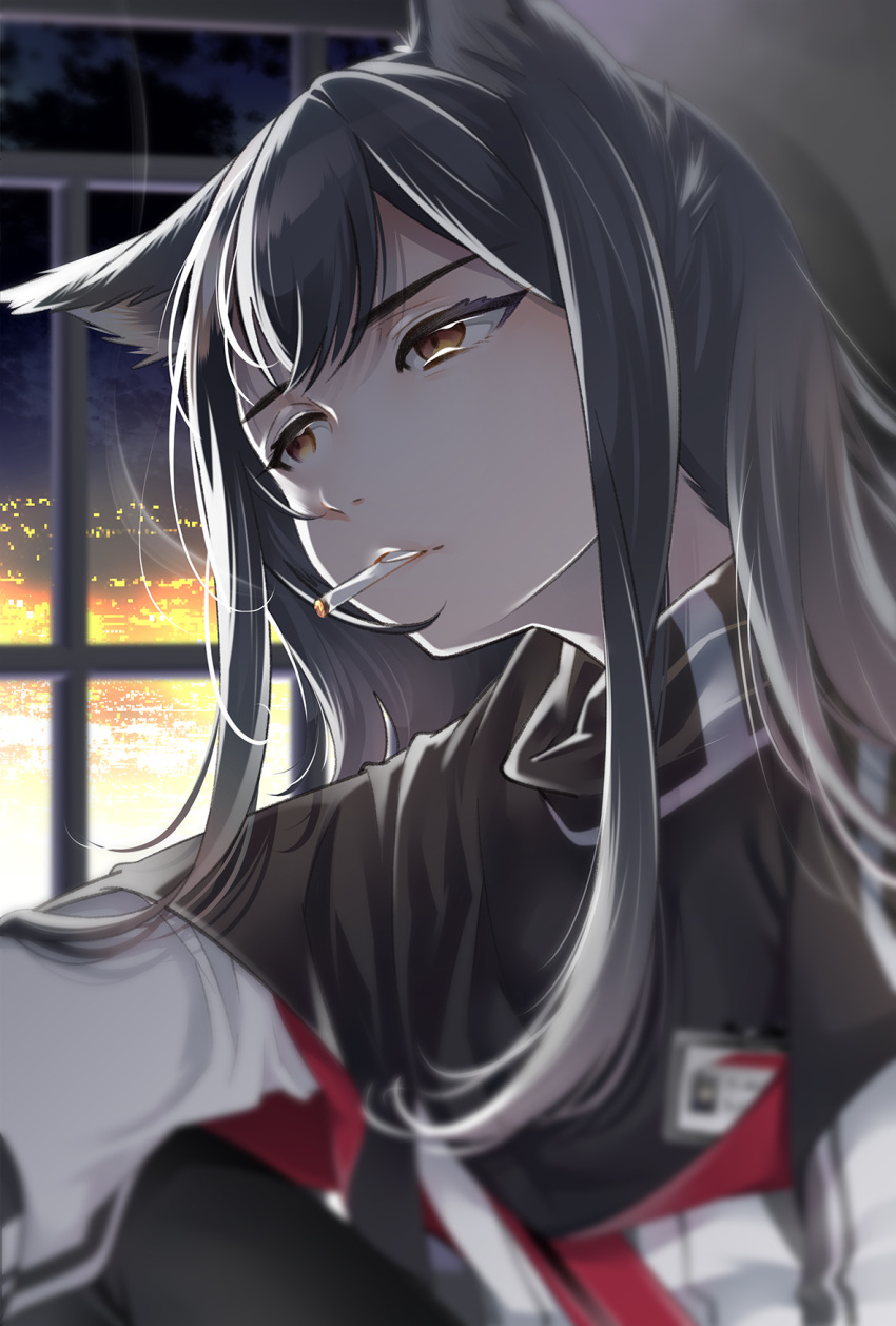 1girl amexame animal_ears arknights bangs black_capelet black_hair brown_eyes capelet cigarette commentary_request highres id_card indoors jacket long_hair mouth_hold partial_commentary smoke smoking solo texas_(arknights) upper_body white_jacket window wolf_ears