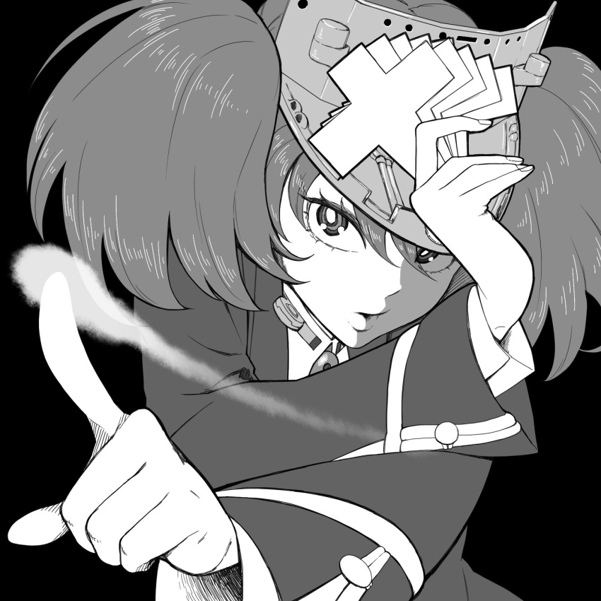 1girl black_background bright_pupils fingernails greyscale hand_up highres holding kantai_collection long_sleeves looking_at_viewer monochrome paper_airplane parted_lips pointing pointing_at_viewer ryuujou_(kantai_collection) short_hair simple_background solo tocky twintails upper_body white_pupils