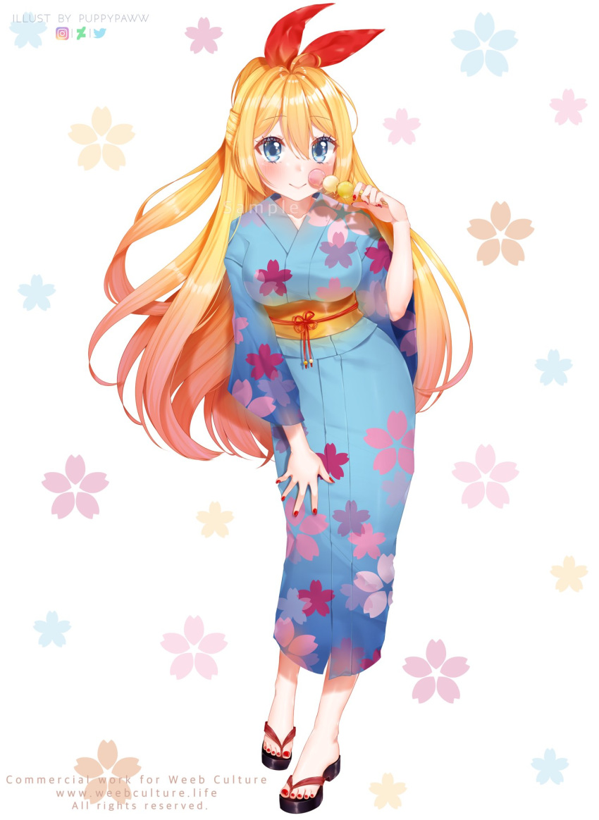 1girl alternate_costume artist_name bangs blonde_hair blue_eyes blue_kimono blush breasts closed_mouth commentary_request deviantart_logo eyebrows_visible_through_hair floral_background floral_print food full_body hair_between_eyes hair_ribbon highres holding holding_food instagram_logo japanese_clothes kimono kirisaki_chitoge large_breasts long_hair long_sleeves looking_at_viewer multicolored_hair nisekoi obi print_kimono puppypaww red_nails red_ribbon ribbon sample sandals sash smile snowflakes solo twitter_logo very_long_hair watermark wide_sleeves yukata
