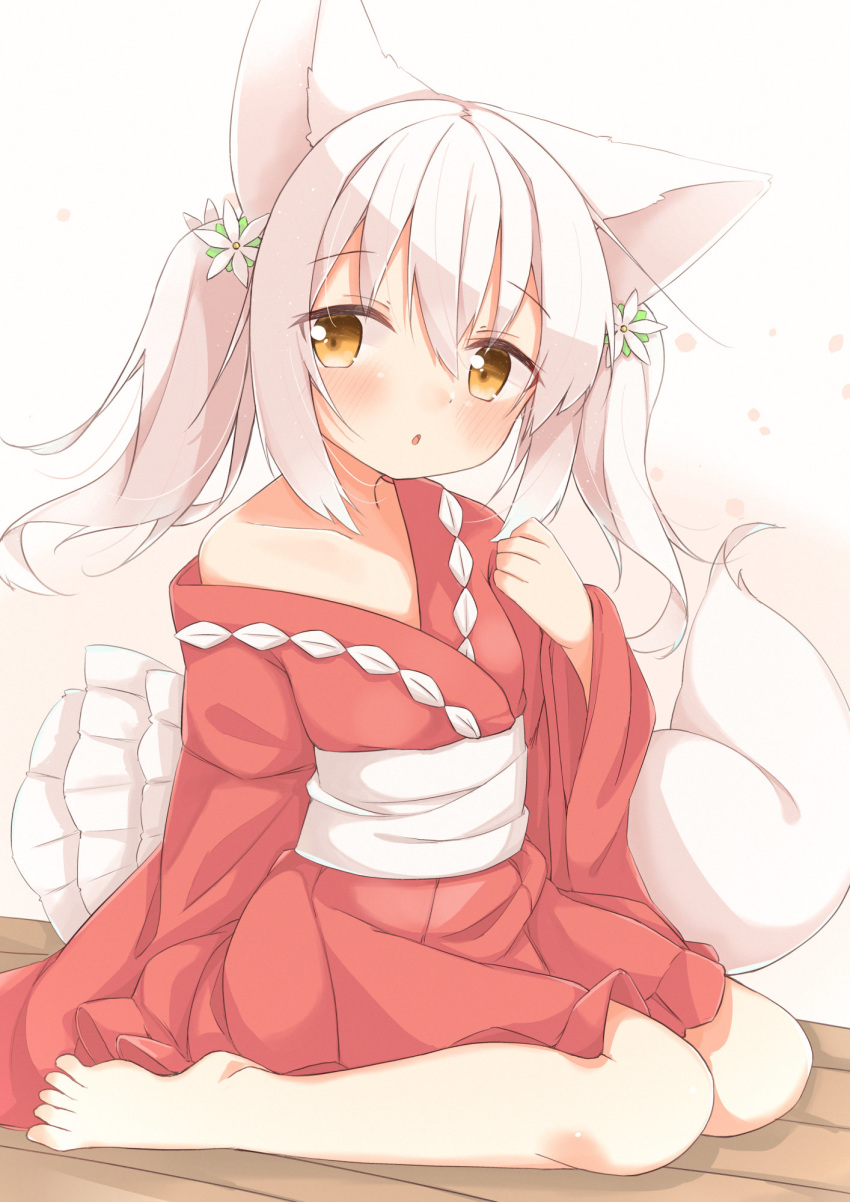 1girl :o animal_ears bangs barefoot blush brown_eyes collarbone commentary_request eyebrows_visible_through_hair flower fox_ears fox_girl fox_tail full_body hair_between_eyes hair_flower hair_ornament highres japanese_clothes kimono long_sleeves minato_yu_(0514) obi off_shoulder original parted_lips red_kimono sash sitting solo tail twintails wariza white_background white_flower white_hair wide_sleeves wooden_floor