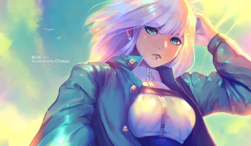 1girl bangs blue_eyes blue_jacket breast_strap ctiahao english_commentary floating_hair hand_behind_head highres jacket looking_at_viewer looking_down original solo white_hair