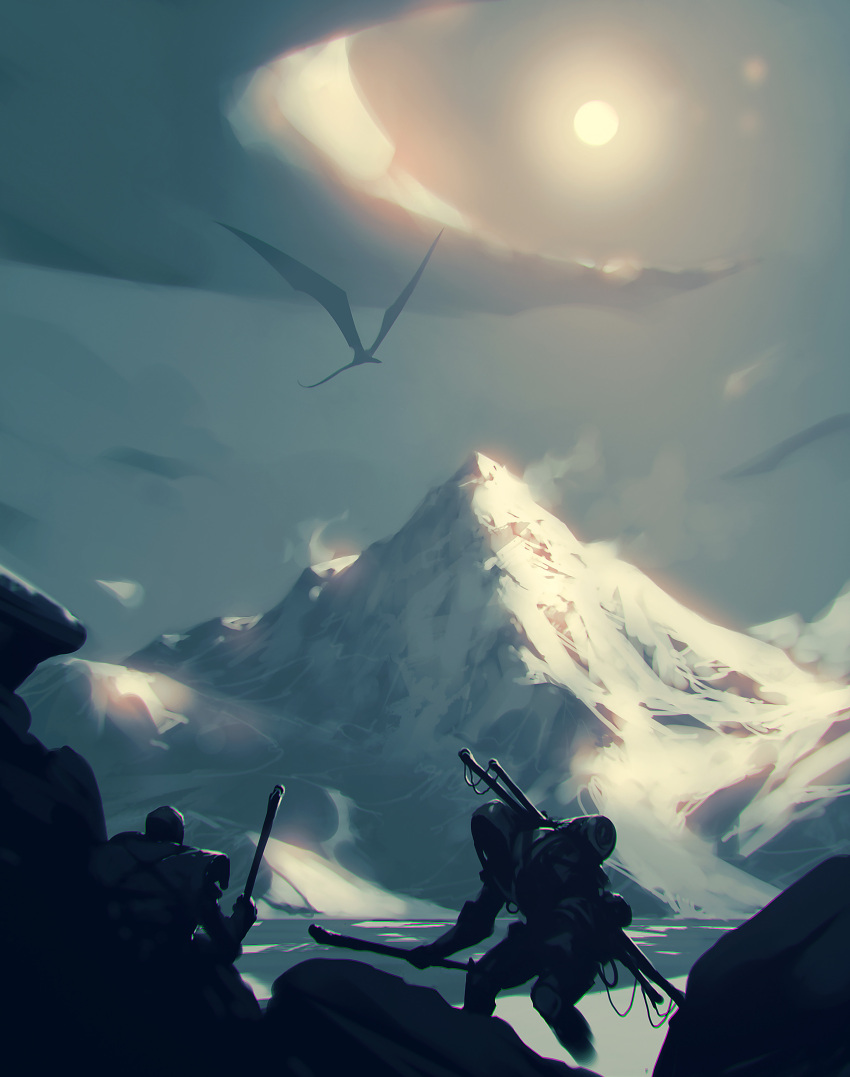 2others absurdres ambiguous_gender backpack bag clouds dragon flying from_behind from_side highres hood hood_up kalmahul leaning_forward moon mountain multiple_others night original outdoors scenery snow standing stick wings wyvern