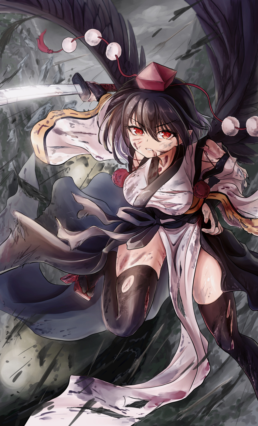 1girl arm_behind_back arm_up bird_wings black_hair black_wings breasts bridal_gauntlets bruise bruise_on_face commentary_request cuts debris detached_sleeves expressionless feathered_wings folded_leg geta grey_sky hair_between_eyes hat highres holding holding_sword holding_weapon injury kourindou_tengu_costume large_breasts long_sleeves looking_at_viewer mountain namiki_(remiter00) outdoors parted_lips pointy_ears pom_pom_(clothes) red_eyes red_headwear shameimaru_aya short_hair solo sword tengu-geta thigh-highs tokin_hat torn_clothes torn_legwear touhou weapon wide_sleeves wings