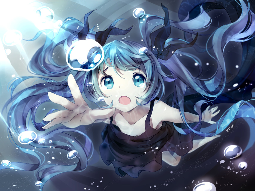 1girl aqua_eyes bison_cangshu black_dress blue_hair bubble caustics commentary dress foreshortening from_above hair_ribbon hatsune_miku highres long_hair open_mouth reaching ribbon shinkai_shoujo_(vocaloid) signature solo spaghetti_strap sunlight twintails underwater very_long_hair vocaloid