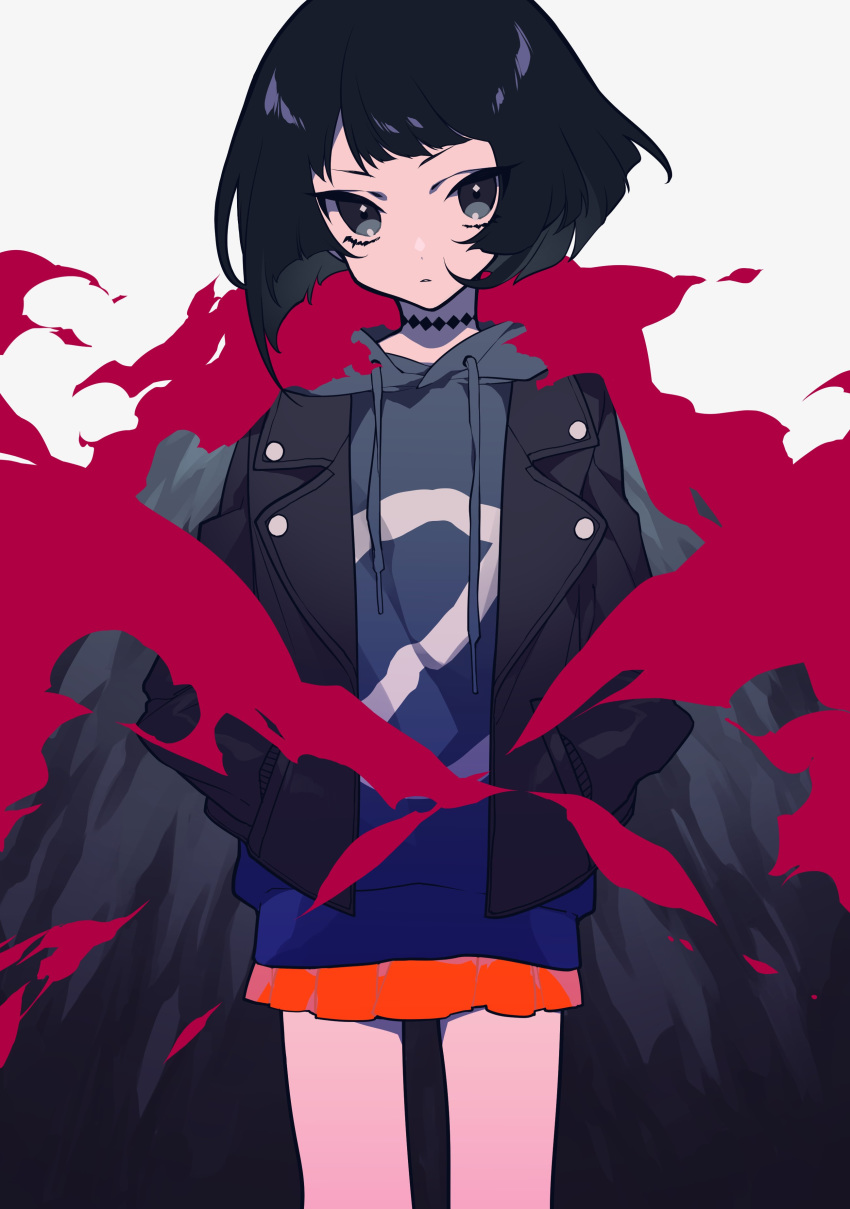 1girl absurdres black_eyes black_hair black_jacket enmadou_sara enmadou_sara_no_suiri_kitan hands_in_pockets highres hood hoodie jacket leather leather_jacket mochizuki_kei neck_tattoo official_art orange_skirt skirt solo tattoo