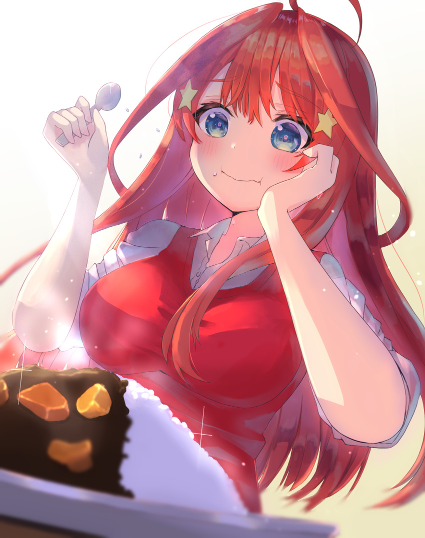 1girl :t ahoge bangs blue_eyes blush breasts closed_mouth collared_shirt commentary_request curry eating eyebrows_visible_through_hair food food_on_face go-toubun_no_hanayome gradient gradient_background hair_between_eyes hair_ornament hand_on_own_cheek hands_up highres holding holding_spoon large_breasts long_hair looking_down nakano_itsuki red_sweater redhead rice rice_on_face shirt short_sleeves sidelocks simple_background sitting slime07 solo sparkle spoon star_(symbol) star_hair_ornament sweater sweater_vest taut_clothes upper_body white_background white_shirt yellow_background