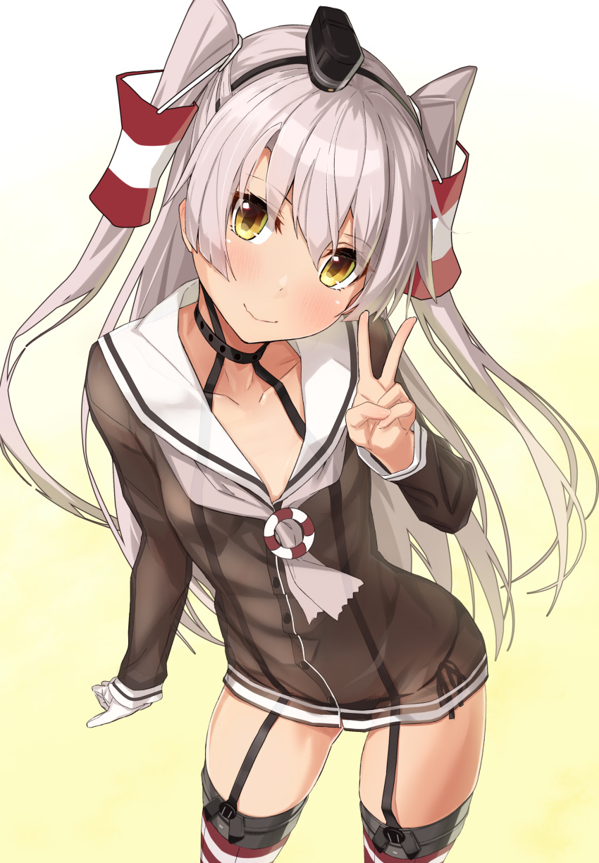 1girl absurdres amatsukaze_(kantai_collection) blush choker closed_mouth contrapposto cowboy_shot dress fanbox_reward from_above gloves gradient gradient_background grey_hair hairband hat head_tilt highres kantai_collection long_hair looking_at_viewer mini_hat paid_reward sailor_dress see-through short_dress simple_background single_glove smile smokestack_hair_ornament solo suspenders takanashi_kei_(hitsujikan) thigh-highs tilted_headwear two_side_up w white_gloves yellow_eyes