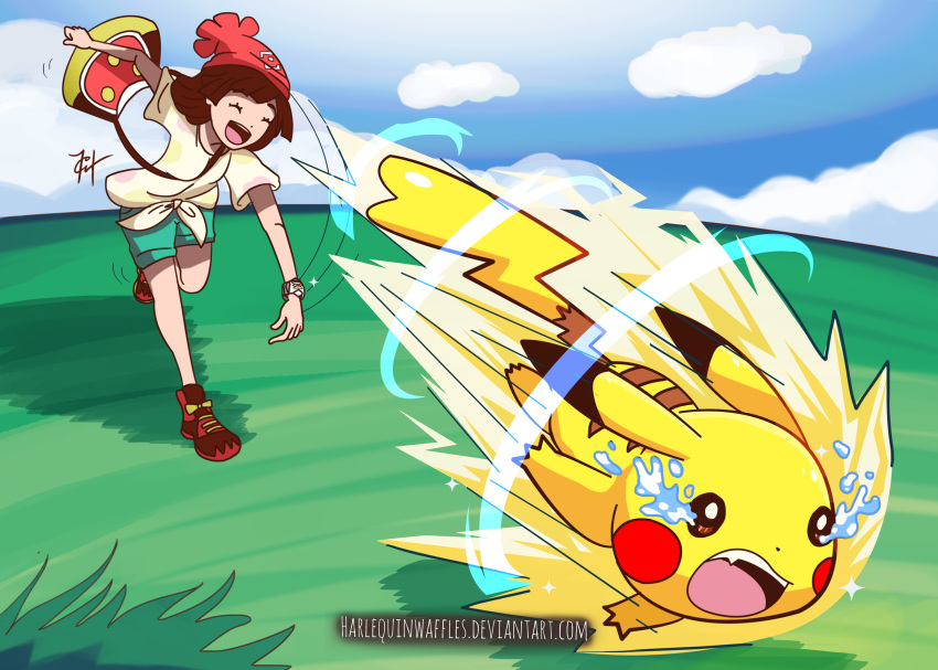 1girl absurdres bag bare_legs beanie blue_sky brown_hair catastropika_(pokemon) closed_eyes clouds cloudy_sky commentary deviantart_username english_commentary gen_1_pokemon grass green_shorts harlequinwaffles hat highres leg_up mixed-language_commentary mizuki_(pokemon) open_mouth outdoors pikachu pokemon pokemon_(creature) pokemon_(game) pokemon_sm red_footwear red_headwear shirt shoes short_hair short_shorts short_sleeves shorts shoulder_bag sky smile sneakers spanish_commentary sparkle speed_lines standing standing_on_one_leg tears throwing tied_shirt upper_teeth watermark web_address yellow_shirt z-move z-ring |d
