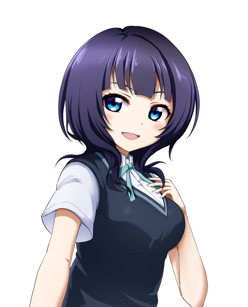 1girl :d bangs blue_bow blue_eyes blush bow breasts collared_shirt copyright_request dress_shirt eyebrows_behind_hair hand_up highres kuena long_hair looking_at_viewer medium_breasts open_mouth purple_hair school_uniform shirt short_sleeves simple_background smile solo sweater_vest upper_body white_background white_shirt