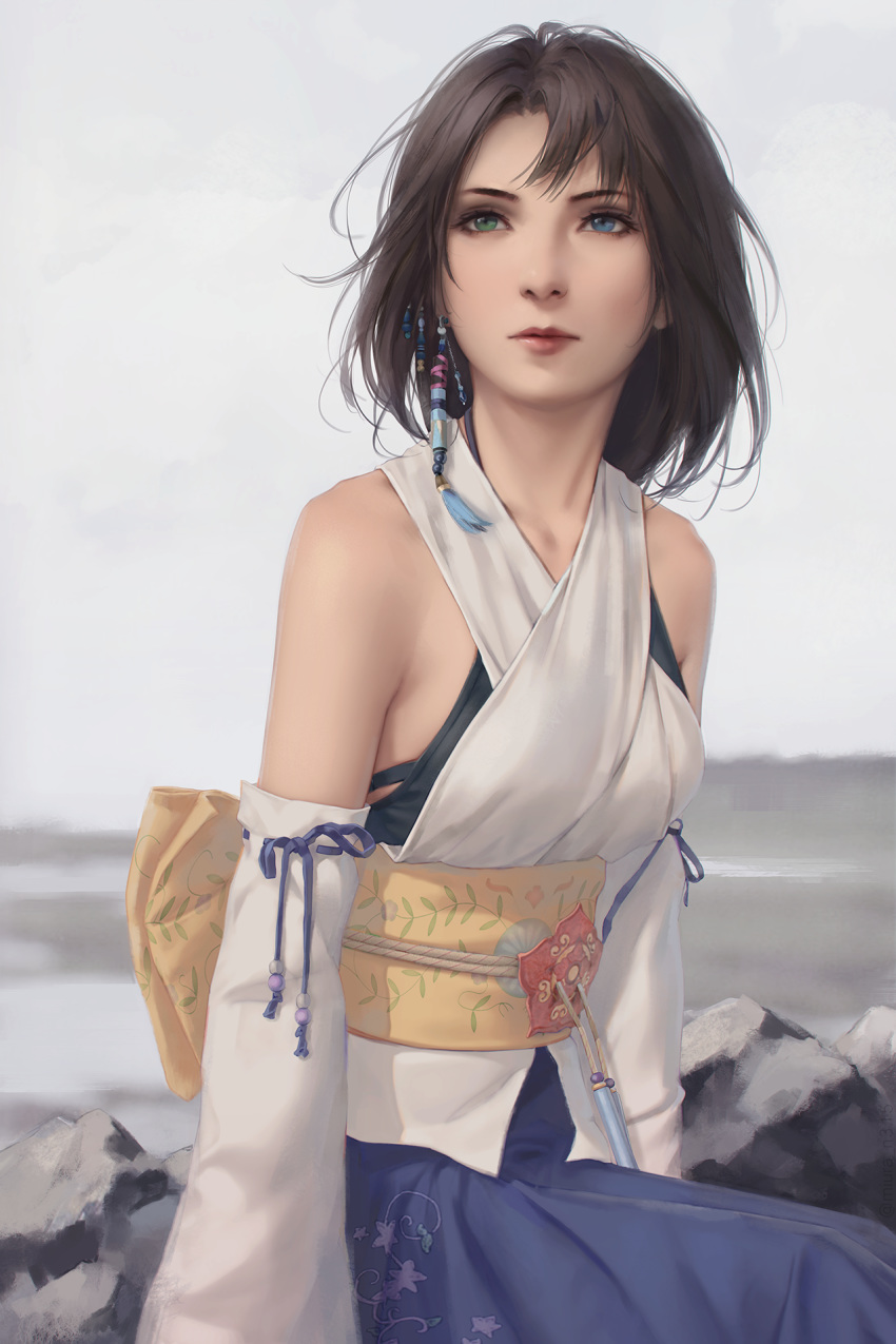 1girl bangs blurry blurry_background brown_hair detached_sleeves final_fantasy final_fantasy_x hair_ornament hakama heterochromia highres japanese_clothes jewelry lips looking_at_viewer miura-n315 obi print_hakama purple_hakama sash short_hair sitting solo yuna_(ff10)