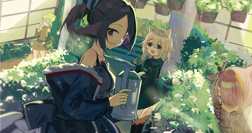 4girls :d ahoge animal_ears arknights blonde_hair brown_eyes brown_hair commentary_request eikoo fox_ears gavial_(arknights) glasses gloves green_eyes greenhouse hair_over_one_eye hand_on_hip highres looking_at_viewer multiple_girls myrrh_(arknights) off_shoulder open_mouth perfumer_(arknights) plant podenco_(arknights) ponytail redhead smelling_flower smile watering_can