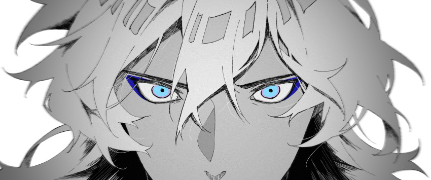 1boy arjuna_(fate/grand_order) arjuna_alter bangs blue_eyes close-up dark_skin dark_skinned_male eyes eyeshadow fate/grand_order fate_(series) greyscale hair_between_eyes highres hukahire0313 looking_at_viewer makeup male_focus monochrome serious shiny shiny_hair simple_background solo white_background white_hair