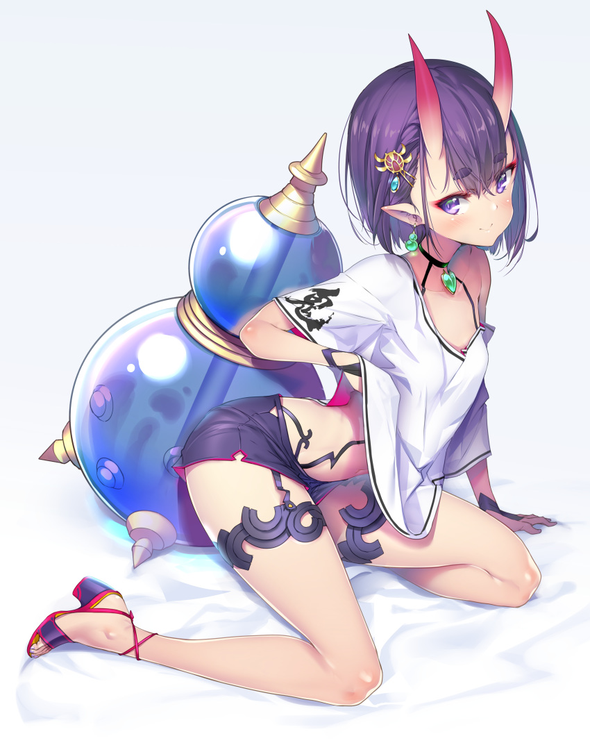 1girl absurdres arm_support black_shorts bob_cut breasts choker cross-laced_footwear earrings eyeliner fate/grand_order fate_(series) full_body garter_straps gourd hair_ornament high_heels highres hong_(white_spider) horns jewelry legs looking_at_viewer makeup oni oni_horns open_toe_shoes paid_reward patreon_reward pendant purple_hair see-through shirt short_eyebrows short_hair short_shorts shorts shuten_douji_(fate/grand_order) simple_background skin-covered_horns small_breasts smile solo thigh_strap violet_eyes white_background white_shirt