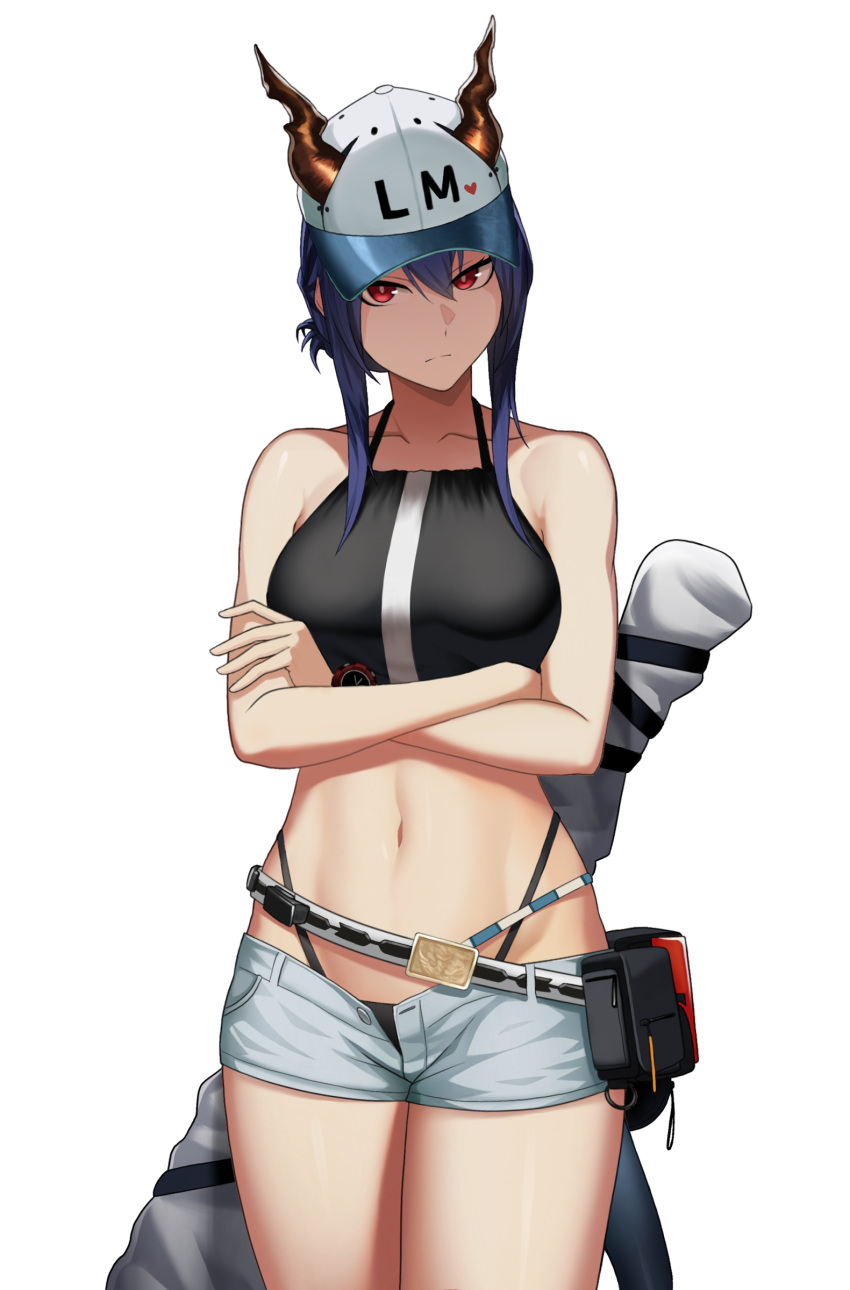1girl absurdres arknights bangs bare_arms bare_shoulders baseball_cap belt bikini black_bikini blue_hair breasts cero_(last2stage) ch'en_(arknights) collarbone commentary_request cowboy_shot crossed_arms dragon_horns dragon_tail grey_shorts halterneck hat highleg highleg_bikini highres horns horns_through_headwear long_hair looking_at_viewer medium_breasts navel open_fly pouch red_eyes short_shorts shorts sidelocks simple_background solo standing stomach swimsuit tail thighs white_background white_headwear