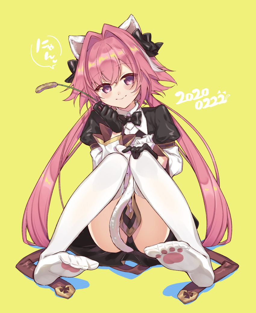 1boy absurdres astolfo_(fate) astolfo_(saber)_(fate) bangs bare_shoulders black_bow blush bow cat_ears cat_tail citron_82 fate/grand_order fate_(series) hair_intakes highres long_hair looking_at_viewer multicolored_hair otoko_no_ko pink_hair smile streaked_hair violet_eyes white_hair