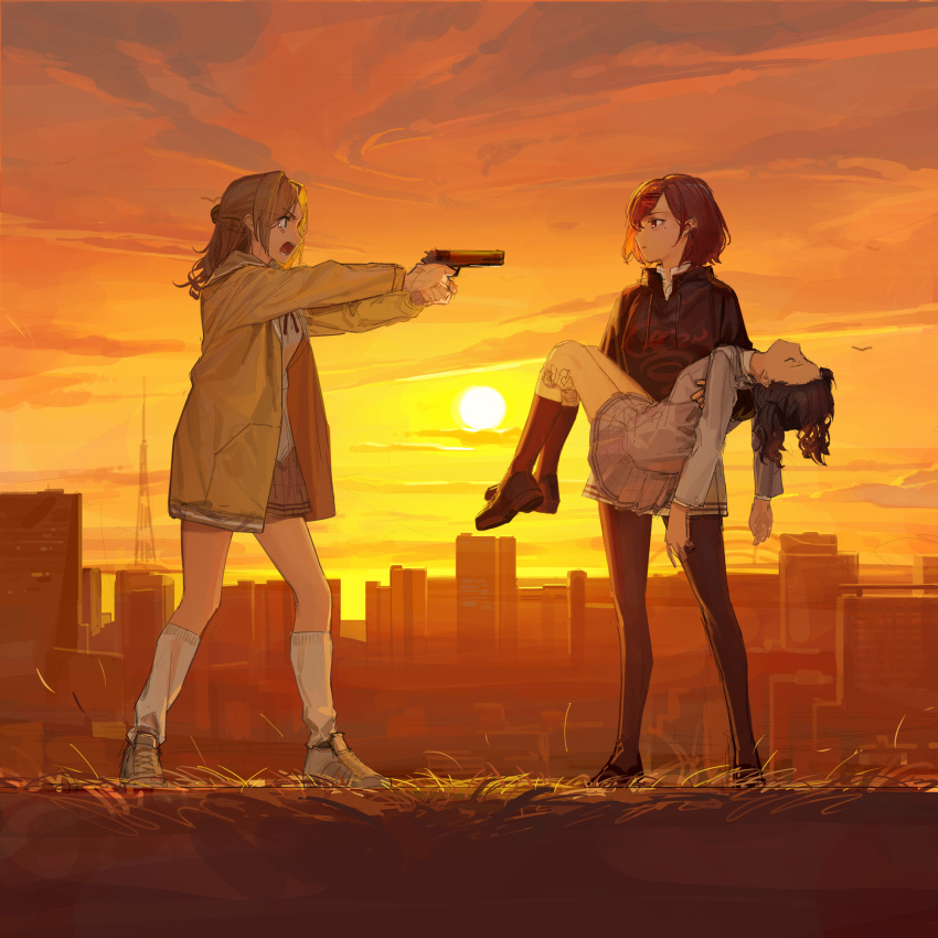 3girls aiming bangs black_hair black_hoodie brown_hair brown_jacket brown_legwear brown_skirt carrying cityscape closed_mouth commentary_request drawstring dress fukumaru_koito full_body grey_dress gun hair_ornament hairclip handgun highres higuchi_madoka holding holding_gun holding_weapon hood hoodie ichikawa_hinana idolmaster idolmaster_shiny_colors jacket kneehighs long_hair long_sleeves looking_at_another mole mole_under_eye multiple_girls open_clothes open_jacket open_mouth outdoors pantyhose pistol princess_carry shirt shoes short_hair skirt sky standing sun sunset twintails unconscious weapon white_legwear white_shirt zhili_xingzou