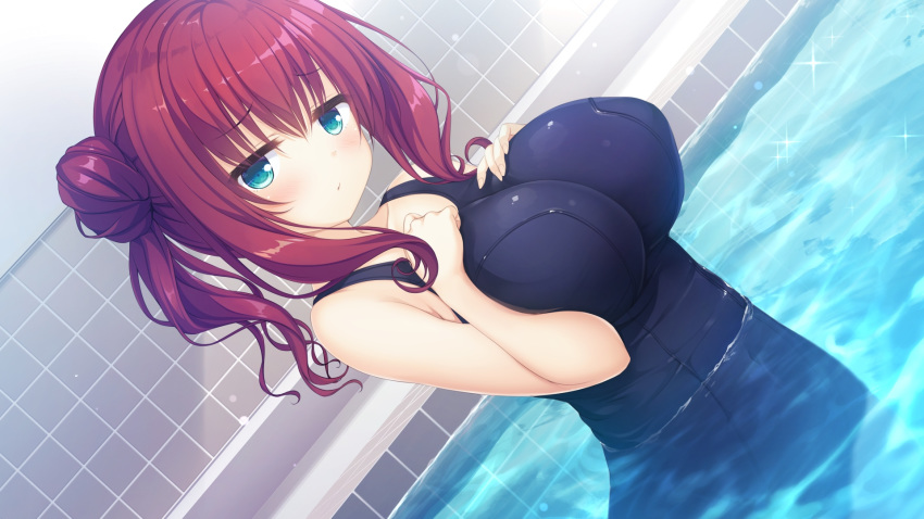 1girl aino_miori aqua_eyes breast_suppress breasts dutch_angle game_cg highres jitome large_breasts long_hair mikagami_mamizu official_art pieces_/_wataridori_no_somnium pool redhead school_swimsuit solo swimsuit twintails wading water