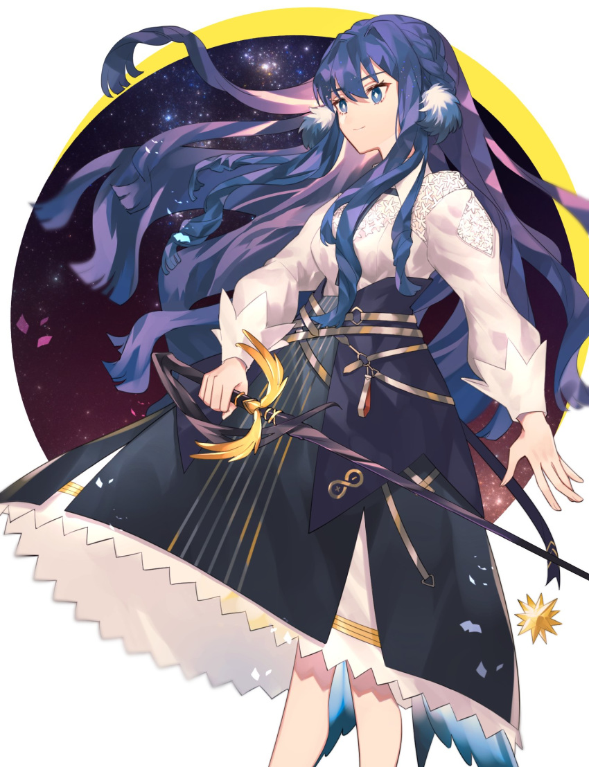 1girl arknights astesia_(arknights) bangs blue_eyes blue_hair braid closed_mouth collar collared_shirt commentary_request eyebrows_visible_through_hair geta_(epicure_no12) grey_skirt hair_between_eyes highres holding holding_sword holding_weapon long_hair long_sleeves looking_to_the_side puffy_long_sleeves puffy_sleeves shirt sidelocks simple_background skirt sky smile solo standing star_(sky) starry_sky sword weapon white_background white_shirt