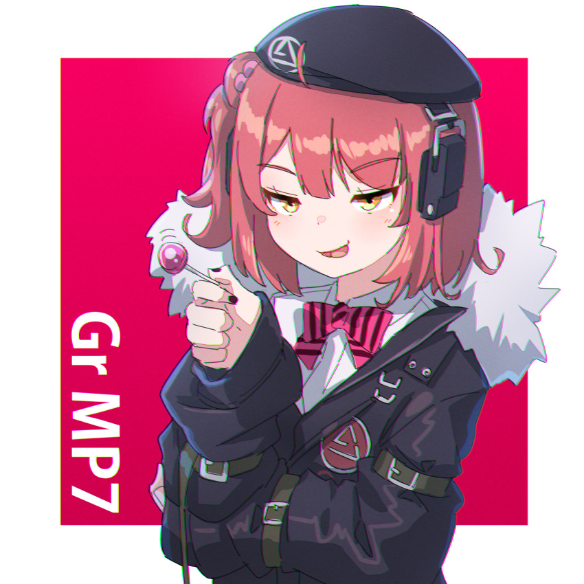 1girl anaglyph bangs beret blunt_bangs candy eyebrows_visible_through_hair food fur_trim girls_frontline hat headphones highres hood jacket kuro_kosyou lollipop looking_to_the_side loose_clothes mp7_(girls_frontline) nail_polish redhead short_hair side_ponytail smug solo yellow_eyes