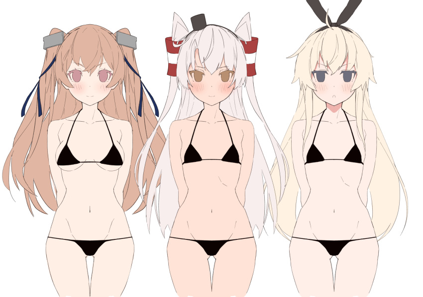 3girls amatsukaze_(kantai_collection) arms_behind_back ass_visible_through_thighs bikini black_bikini blonde_hair blush breasts brown_hair cowboy_shot fanbox_reward flat_chest halterneck hat highres johnston_(kantai_collection) kantai_collection long_hair medium_breasts mini_hat multiple_girls navel paid_reward shimakaze_(kantai_collection) sidelocks silver_hair sketch smile string_bikini swimsuit takanashi_kei_(hitsujikan) two_side_up