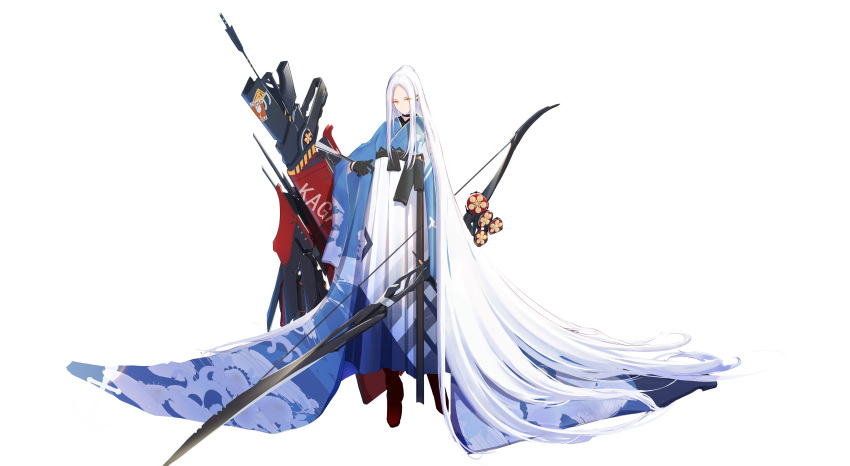 1girl absurdly_long_hair absurdres alternate_costume arrow_(projectile) black_gloves blue_kimono boots bow_(weapon) choker earrings full_body gloves hakama highres holding holding_bow_(weapon) holding_weapon japanese_clothes jewelry kaga_(warship_girls_r) kimono long_hair quiver red_footwear solo standing very_long_hair warship_girls_r weapon white_hair white_hakama wide_sleeves wuzhuang_caikuangche yellow_eyes