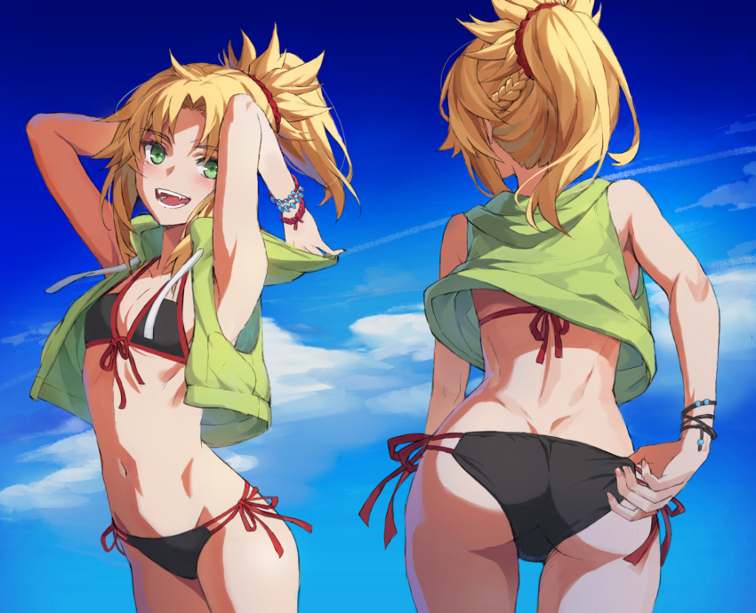 1girl adjusting_clothes adjusting_swimsuit armpits arms_behind_head arms_up ass back bare_shoulders bikini black_bikini blue_sky braid breasts fate/apocrypha fate_(series) french_braid from_behind green_hair green_shirt hair_ornament hair_scrunchie highres long_hair mordred_(fate) mordred_(fate)_(all) multiple_views navel ponytail red_scrunchie scrunchie shirt sidelocks sky small_breasts smile solo swimsuit tank_top tonee