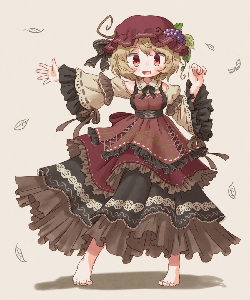 1girl aki_minoriko alternate_costume arinu barefoot blonde_hair blush dress embellished_costume eyebrows_visible_through_hair food food_themed_hair_ornament frilled_dress frills fruit grape_hair_ornament grapes grey_background hair_ornament hat highres leaf_hair_ornament looking_at_viewer mob_cap open_mouth outstretched_arm red_eyes simple_background solo touhou wide_sleeves