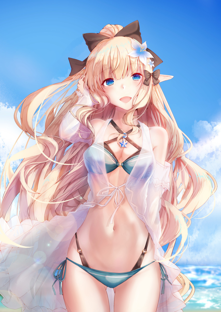 1girl absurdres bangs bikini black_bow blonde_hair blue_eyes blush bow breasts elf eyebrows_visible_through_hair flower hair_bow hair_flower hair_ornament highres large_breasts long_hair looking_at_viewer open_mouth pointy_ears ponytail princess_connect! princess_connect!_re:dive re:rin saren_(princess_connect!) smile solo swimsuit