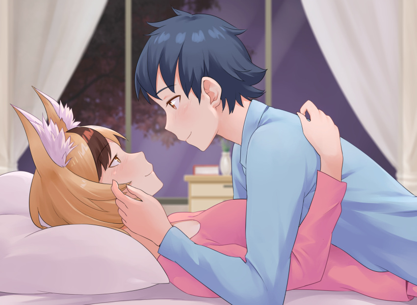 1boy 1girl alternate_costume animal_ear_fluff animal_ears bangs bed bedroom blonde_hair blue_hair blue_pajamas boy_on_top brown_hair closed_mouth commission commissioner_upload couple curtains eye_contact fire_emblem fire_emblem_fates fox_ears fox_girl hand_on_another's_face hands_on_another's_back hetero highres igni_tion indoors kiragi_(fire_emblem) looking_at_another lying lying_on_person multicolored_hair nintendo on_back on_bed pajamas pillow selkie_(fire_emblem) upper_body yellow_eyes