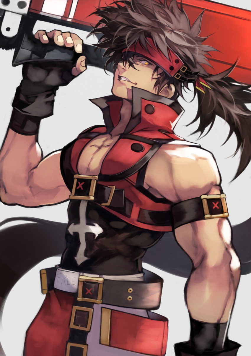 1boy bara bare_shoulders belt biceps brown_hair chest collar covered_abs fingerless_gloves gloves guilty_gear hair_over_one_eye headband highres long_hair looking_at_viewer male_focus manly muscle open_clothes pants pectorals ponytail simple_background sleeveless smile sol_badguy solo spiky_hair sword upper_body weapon yellow_eyes yoshio_(55level)