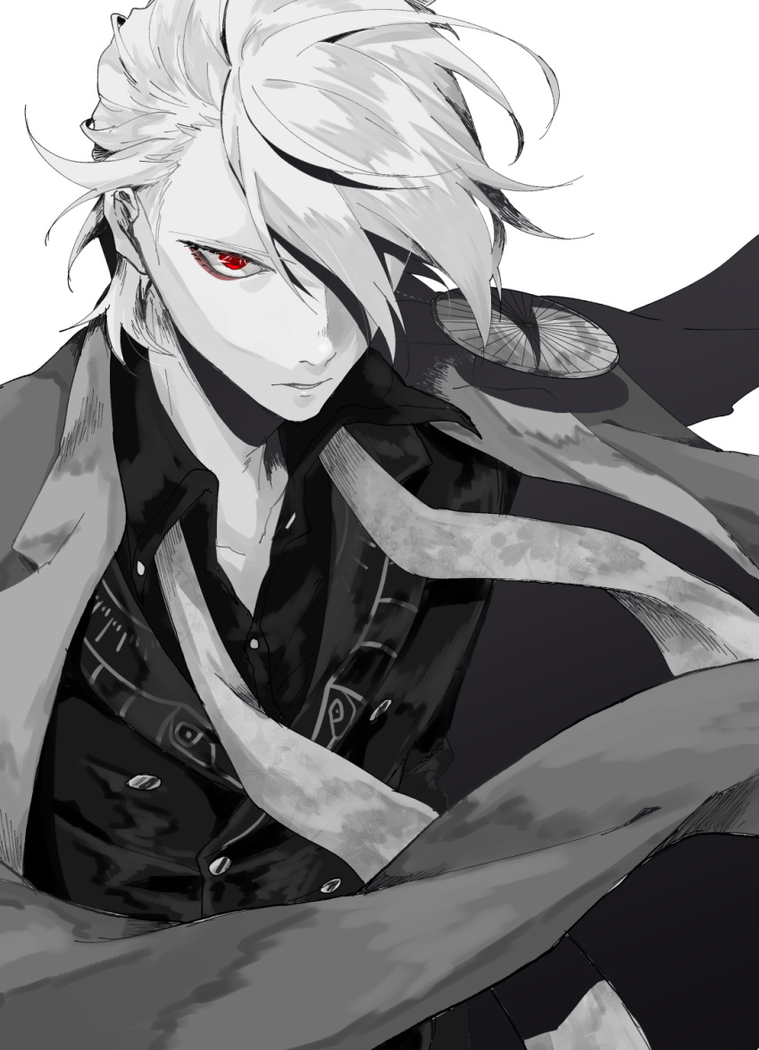 1boy alternate_costume alternate_hairstyle bangs fate/grand_order fate_(series) greyscale hair_between_eyes hair_over_one_eye highres hukahire0313 jewelry karna_(fate) looking_at_viewer male_focus monochrome pale_skin red_eyes scarf shiny shiny_hair simple_background single_earring solo upper_body white_hair