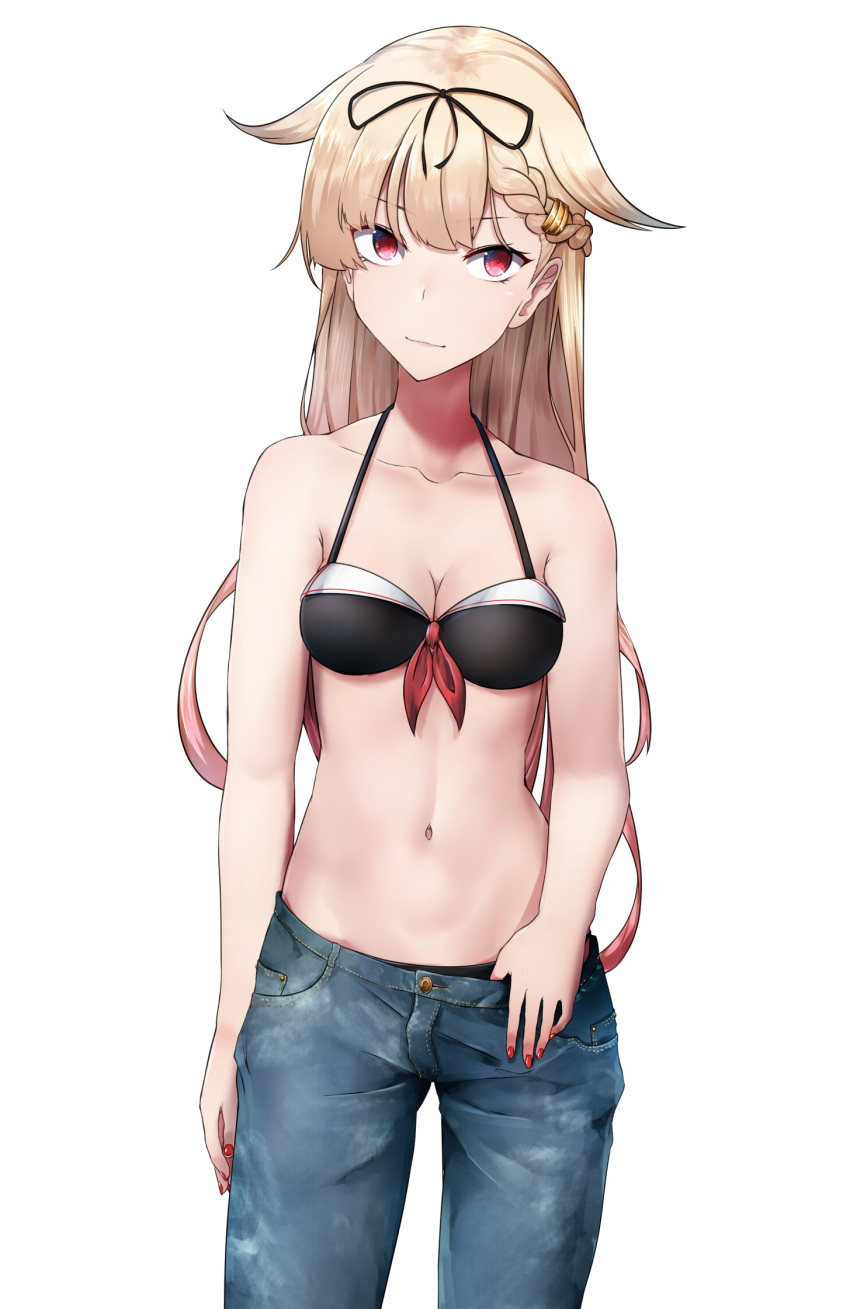 1girl adapted_costume black_ribbon black_swimsuit blonde_hair braid breasts collarbone commentary_request cowboy_shot denim gradient_hair hair_flaps hair_ribbon highres jeans kantai_collection long_hair looking_at_viewer medium_breasts multicolored_hair nail_polish navel pants rainysnowy108 red_eyes remodel_(kantai_collection) ribbon simple_background solo standing swimsuit white_background yuudachi_(kantai_collection)