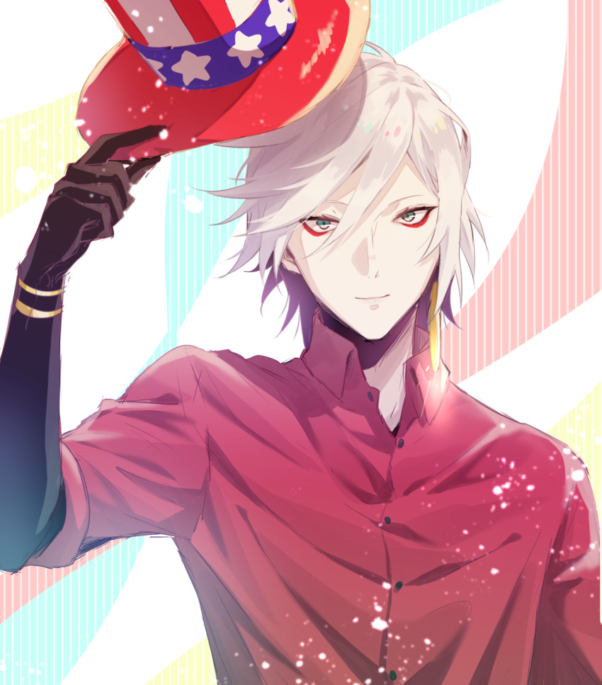 1boy alternate_costume alternate_hairstyle bangs blue_eyes bodysuit eyeshadow fate/grand_order fate_(series) hair_between_eyes hat highres hukahire0313 jewelry karna_(fate) looking_at_viewer makeup male_focus pale_skin red_shirt shiny shiny_hair shirt simple_background single_earring solo top_hat upper_body white_hair
