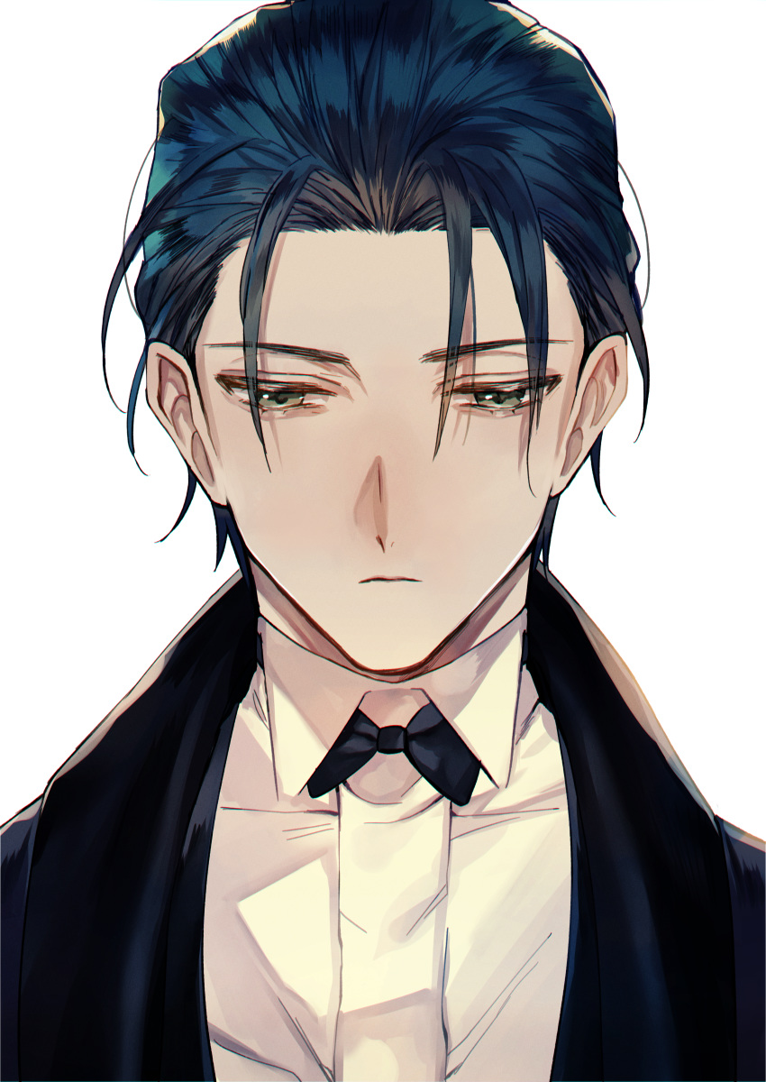 1boy absurdres albino_(a1b1n0623) bangs black_hair bow bowtie close-up closed_mouth expressionless eyebrows_visible_through_hair face fate/grand_order fate_(series) formal green_eyes hair_slicked_back highres huge_filesize jacket looking_down male_focus parted_bangs sherlock_holmes_(fate/grand_order) shiny shiny_hair shirt upper_body white_background white_shirt