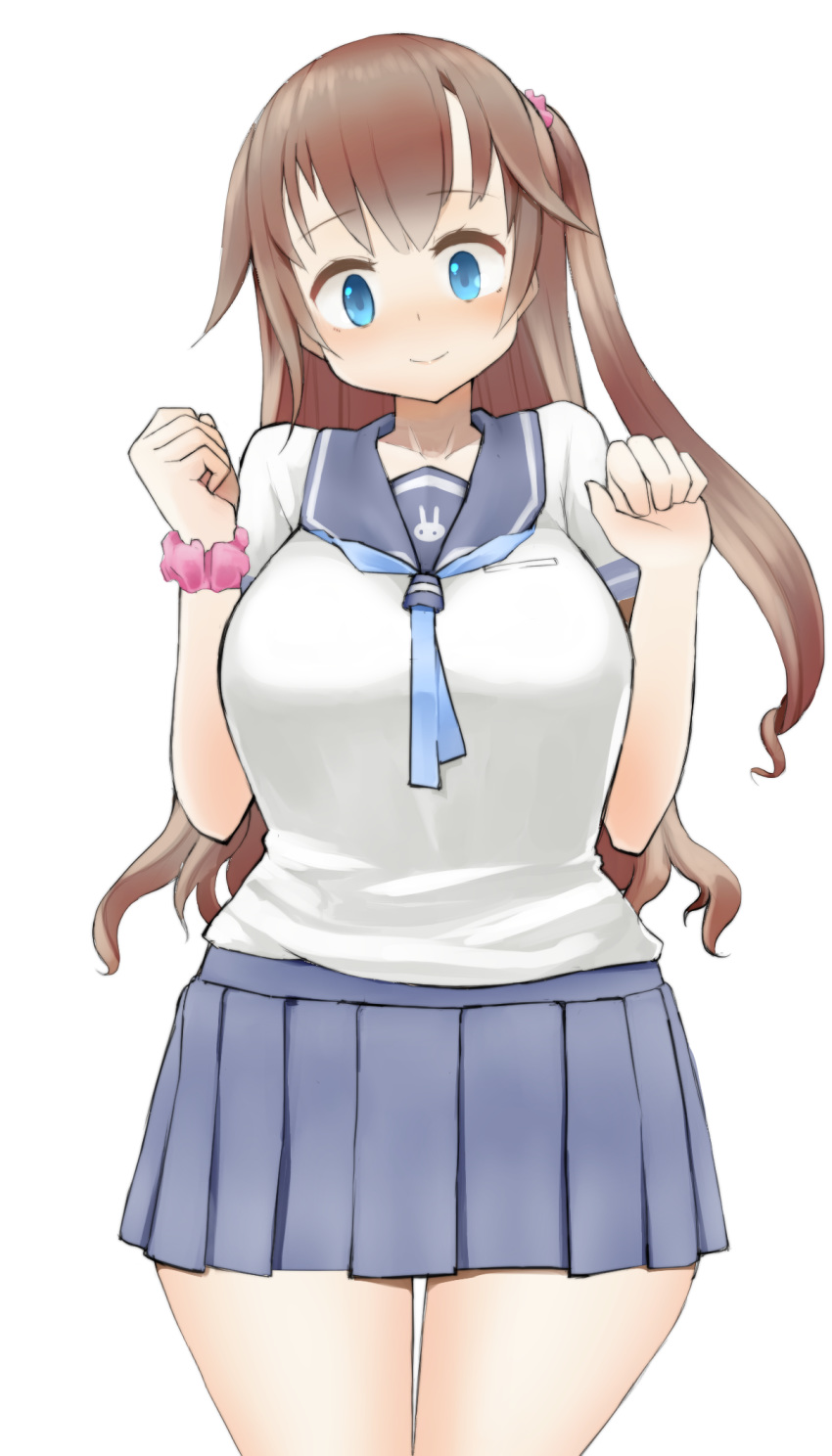 1girl blue_eyes blue_neckwear blue_sailor_collar blue_skirt blush breasts brown_hair closed_mouth cowboy_shot eyebrows_visible_through_hair hair_ornament hair_scrunchie hands_up head_tilt highres large_breasts long_hair looking_at_viewer necktie nijitama_shiyushiyu one_side_up original pleated_skirt sailor_collar scrunchie shirt short_sleeves simple_background skirt smile solo standing white_background white_shirt wrist_scrunchie