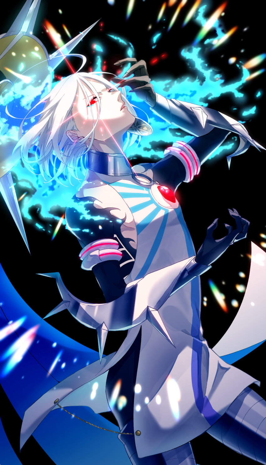 1boy alternate_costume armor bangs bare_shoulders bodysuit chest_jewel earrings eye_beam fate/grand_order fate_(series) fighting_stance glowing glowing_eye glowing_jewelry hair_between_eyes hair_over_one_eye hand_up highres hukahire0313 jewelry karna_(fate) light_particles male_focus open_hands pale_skin red_eyes revealing_clothes shiny shiny_hair shirt simple_background solo upper_body white_hair