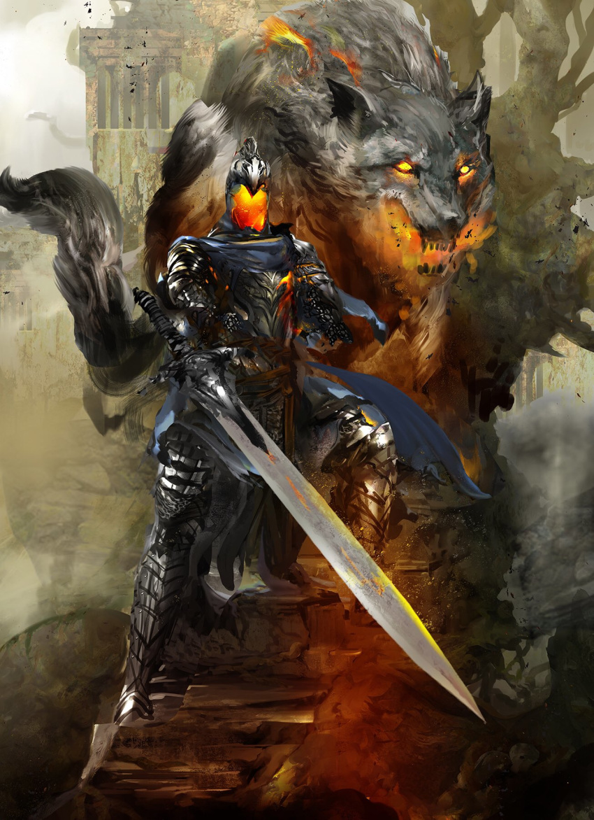 1boy animal armor artorias_the_abysswalker blue_cape breathing_fire cape clouds cloudy_sky dark_souls day debris embers faceless fangs fire fire_body flaming_eyes flaming_sword flaming_weapon full_armor great_grey_wolf_sif grey_wolf highres kekai_kotaki knight light_rays long_sword looking_at_viewer oversized_animal ruins severed_arm severed_limb shield sky souls_(from_software) stairs standing sunlight torn_cape torn_clothes tree wolf work_in_progress