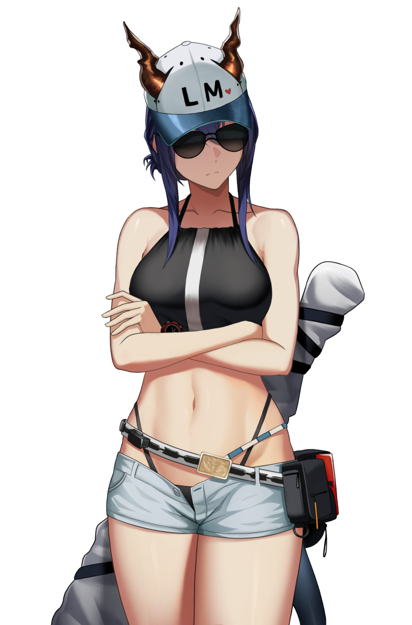 1girl absurdres arknights bangs bare_arms bare_shoulders baseball_cap belt bikini black_bikini blue_hair breasts cero_(last2stage) ch'en_(arknights) collarbone commentary_request cowboy_shot crossed_arms dragon_horns dragon_tail grey_shorts halterneck hat highleg highleg_bikini highres horns horns_through_headwear long_hair medium_breasts navel open_fly pouch short_shorts shorts sidelocks simple_background solo standing stomach sunglasses swimsuit tail thighs white_background white_headwear