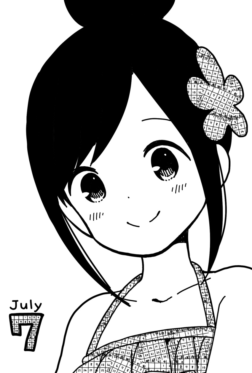 1girl alternate_hairstyle black_hair blush calendar_(object) camisole collarbone commentary_request english_text flower greyscale hair_bun hair_flower hair_ornament halterneck highres hitori_bocchi hitoribocchi_no_marumaru_seikatsu july katsuwo_(cr66g) monochrome number sleeveless smile solo upper_body white_background