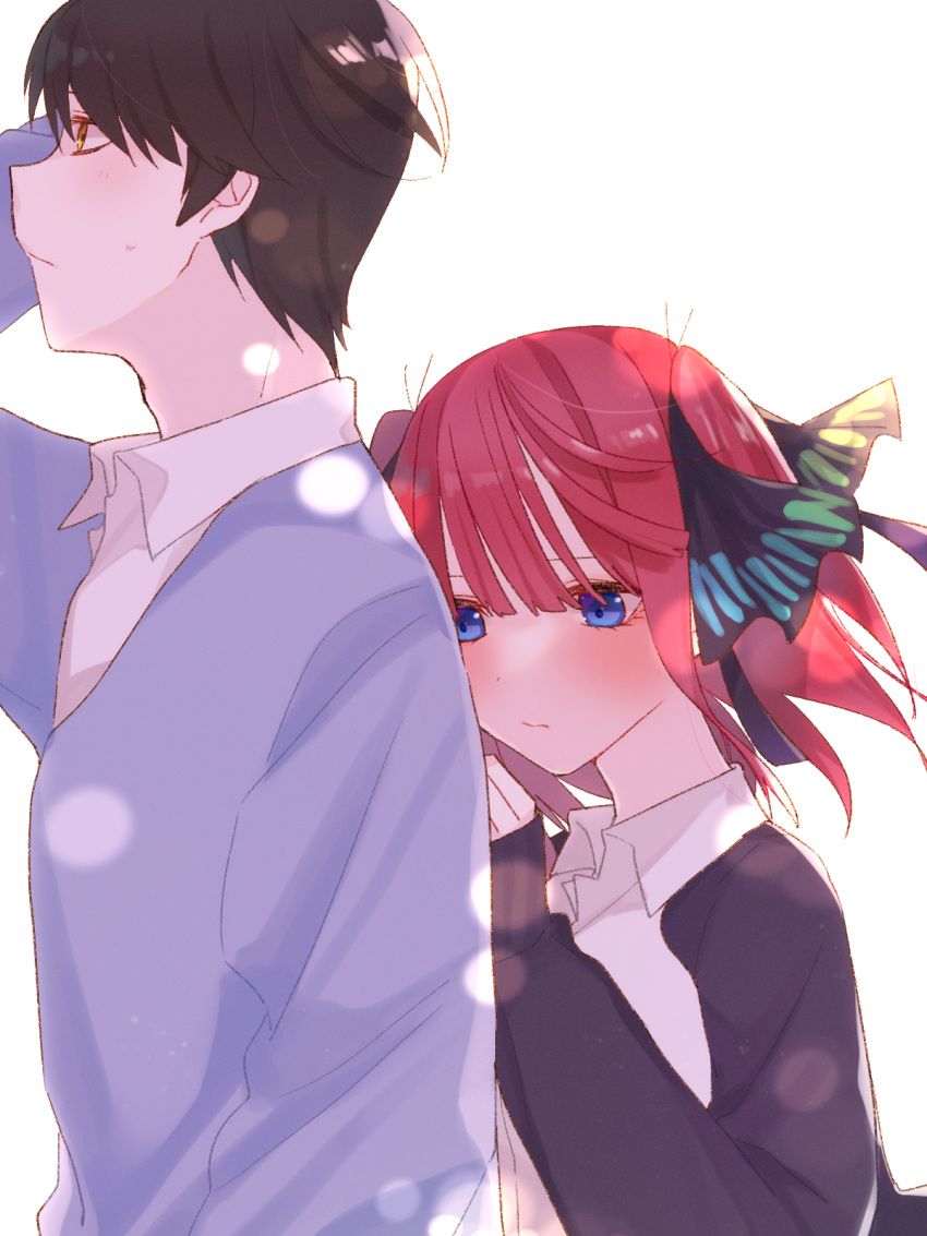 1boy 1girl arm_up bangs black_cardigan black_hair black_ribbon blue_cardigan blue_eyes blunt_bangs blush breasts butterfly_hair_ornament cardigan closed_mouth eyebrows_behind_hair go-toubun_no_hanayome hair_ornament hand_on_another's_back highres large_breasts nakano_nino open_cardigan open_clothes pink_hair raised_eyebrows ribbon shirt simple_background sleeves_past_wrists tsurugitokinako twintails uesugi_fuutarou white_background white_shirt