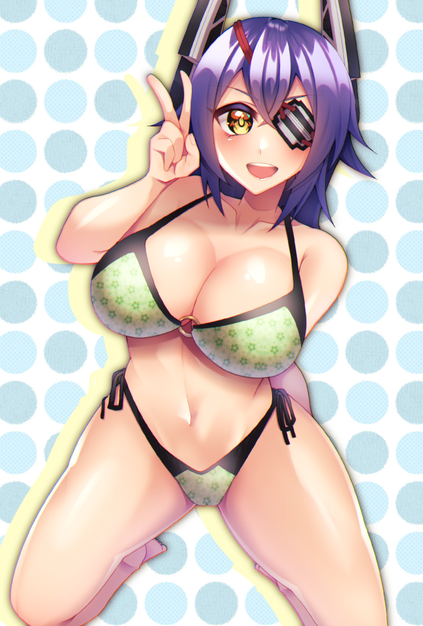 1girl bikini breasts commentary_request eyepatch floral_print full_body green_bikini headgear highleg highleg_bikini highleg_swimsuit highres kantai_collection kneeling large_breasts looking_at_viewer open_mouth polka_dot polka_dot_background purple_hair short_hair smile solo swimsuit tenryuu_(kantai_collection) upper_teeth v white_background yellow_eyes yuudadou