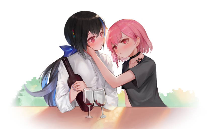 2girls alcohol bangs black_choker black_hair black_shirt blue_bow blush bottle bow braid choker collarbone collared_shirt cup dokomon dress_shirt drinking_glass eye_contact eyebrows_visible_through_hair girls_frontline hair_between_eyes hair_bow hand_on_another's_face hexagram highres holding holding_bottle jericho_(girls_frontline) long_hair looking_at_another low_ponytail multiple_girls negev_(girls_frontline) parted_lips pink_hair ponytail red_eyes shirt short_sleeves single_braid star_of_david sweat upper_body very_long_hair white_shirt wine wine_bottle wine_glass yuri