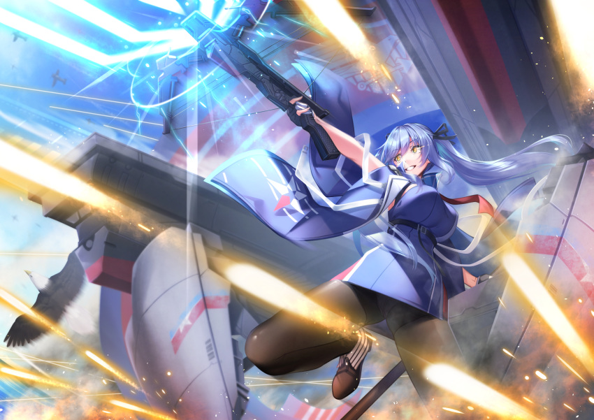 1girl aircraft azur_lane bald_eagle bangs belt bird black_belt black_legwear black_ribbon blue_cloak blue_dress blue_hair blue_sky book bow_(weapon) breasts brown_footwear cloak collared_cloak commentary_request crossbow dress eagle eagle_union_(emblem) energy_beam essex_(azur_lane) eyebrows_visible_through_hair firing flag flight_deck gloves glowing glowing_eye grin hair_between_eyes hair_intakes hair_ribbon highres holding holding_book ken_ill large_breasts long_hair looking_to_the_side necktie outdoors panties panties_under_pantyhose pantyhose pantyshot partly_fingerless_gloves red_neckwear ribbon rigging shoes sidelocks sky smile solo_focus standing standing_on_one_leg star_(symbol) star_print strapless strapless_dress twintails underbust underwear weapon yellow_eyes