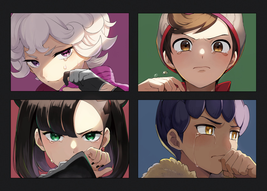 1girl 3boys asymmetrical_bangs bangs beanie beet_(pokemon) black_hair brown_eyes brown_hair commentary_request crying crying_with_eyes_open curly_hair dark_skin dark_skinned_male frown fur-trimmed_jacket fur_trim green_eyes hand_up hat highres hop_(pokemon) jacket looking_at_viewer mary_(pokemon) masaru_(pokemon) multiple_boys pokemon pokemon_(game) pokemon_swsh popped_collar red_shirt shirt tearing_up tears violet_eyes yellow_eyes yukin_(es)