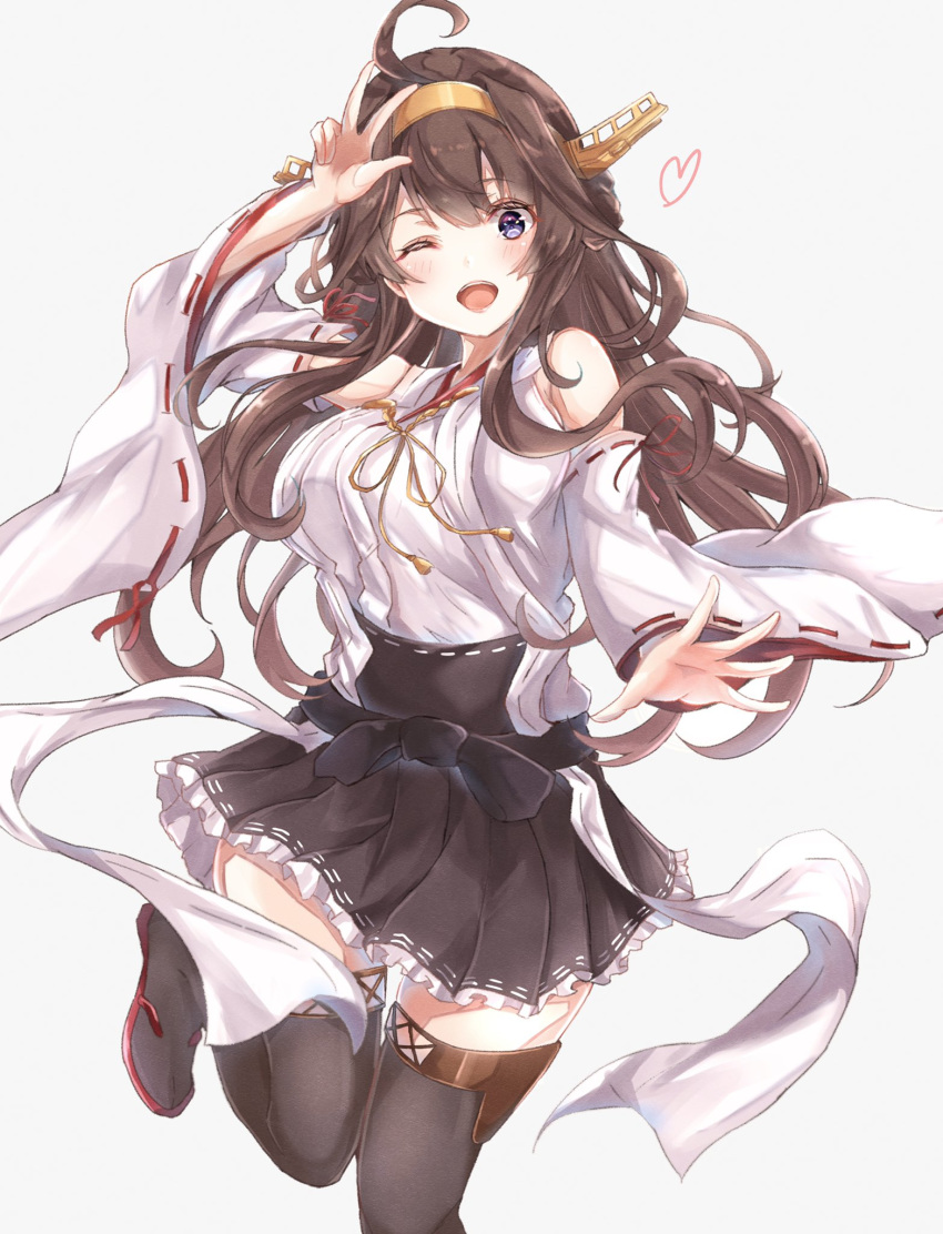 1girl ahoge black_legwear boots brown_hair commentary_request cowboy_shot detached_sleeves double_bun hairband headgear highres japanese_clothes kantai_collection kongou_(kantai_collection) long_hair ribbon-trimmed_sleeves ribbon_trim running sa-ya2 simple_background smile solo thigh-highs thigh_boots violet_eyes white_background