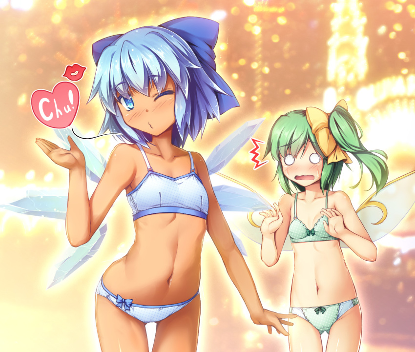 /\/\/\ 2girls ass_visible_through_thighs backlighting bangs bare_arms bare_shoulders blue_bow blue_bra blue_eyes blue_hair blue_panties blurry blurry_background blush bow bra breasts chima_q cirno closed_mouth collarbone cowboy_shot daiyousei depth_of_field detached_wings eyebrows_visible_through_hair fairy fairy_wings green_bra green_hair green_panties hair_bow hand_up heart highres ice ice_wings looking_at_viewer multiple_girls navel o_o one_eye_closed panties pouty_lips short_hair side_ponytail small_breasts stomach surprised sweat tanned_cirno touhou underwear underwear_only wings yellow_bow